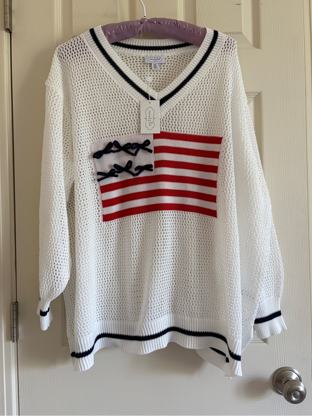 NWT Mud Pie White Open-Weave V-Neck Sweater with American Flag Women One Size